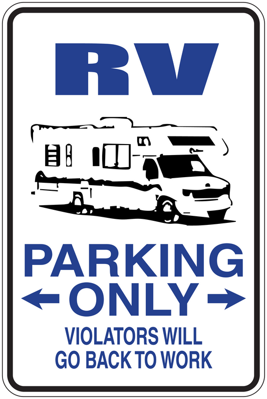 RV parking only sign sticker with RV graphic and blue PARKING ONLY arrows