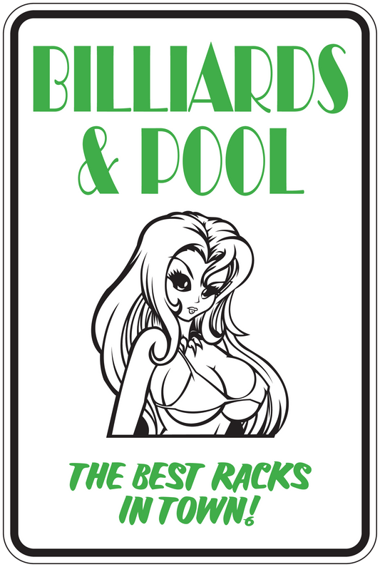 Rectangular billiards and pool sticker with green text and a girl holding a cue
