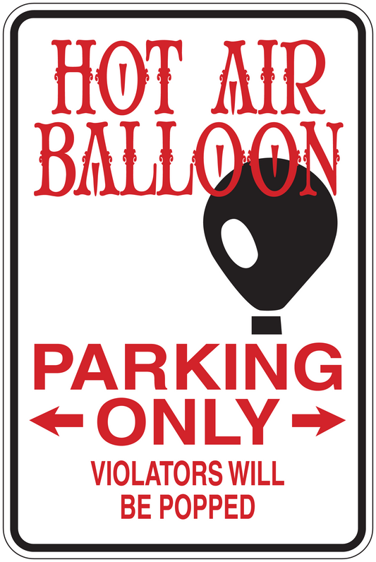 Hot air balloon parking only fun sign sticker, red text on white with black balloon icon