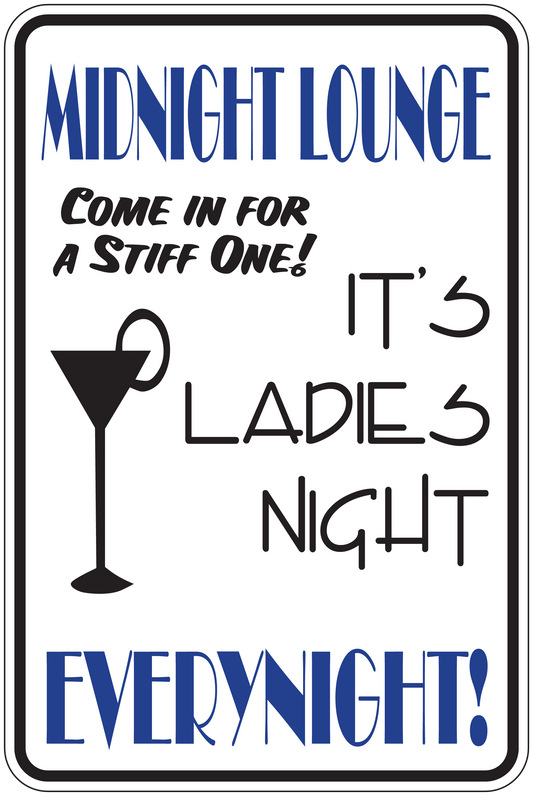 Rectangular lounge sign sticker with 'Midnight Lounge' and 'Every night!' text