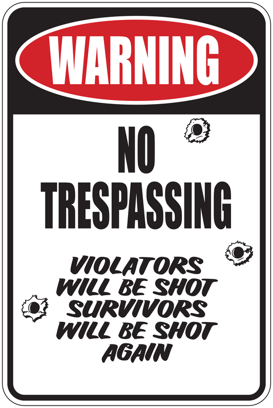 No trespassing warning sign sticker with red WARNING oval and text, black and white