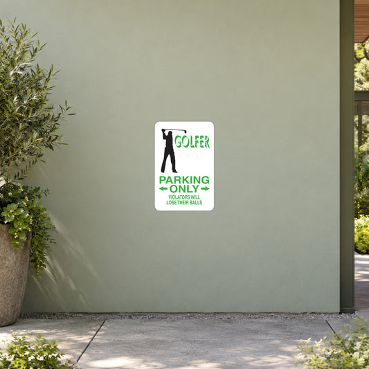 White golfer parking only sign sticker with green golfer graphic and text