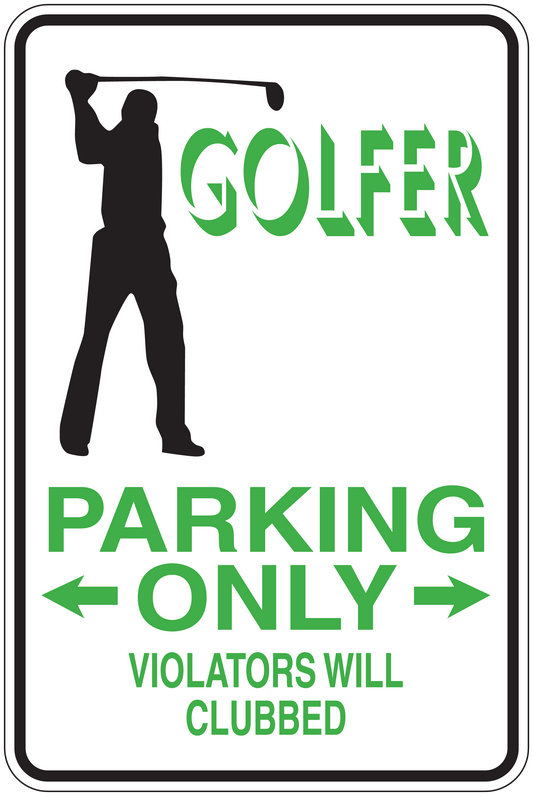 Rectangular parking only sign sticker with golfer silhouette and green text, arrows
