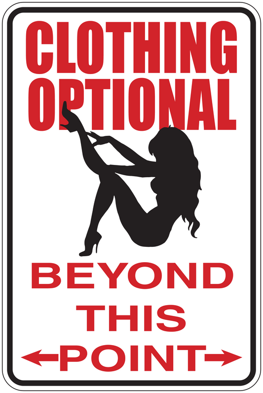 Rectangular sticker: white, red Clothing Optional Beyond This Point text, arrows, black silhouette.