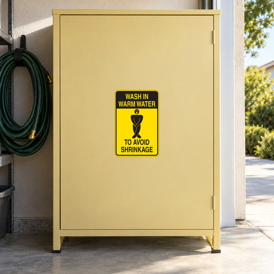 Yellow rectangular wash care sign sticker: “WASH IN WARM WATER” to avoid shrinkage