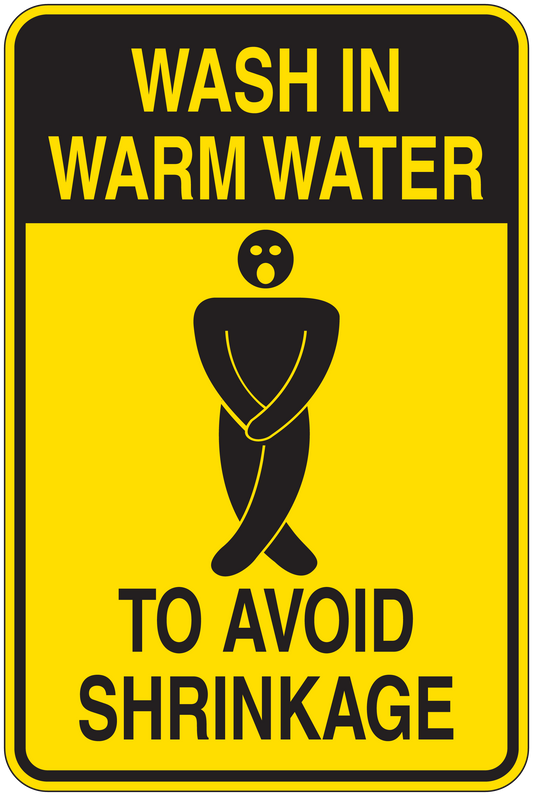 Yellow and black wash-in-warm-water sticker with shrinkage-avoid icon