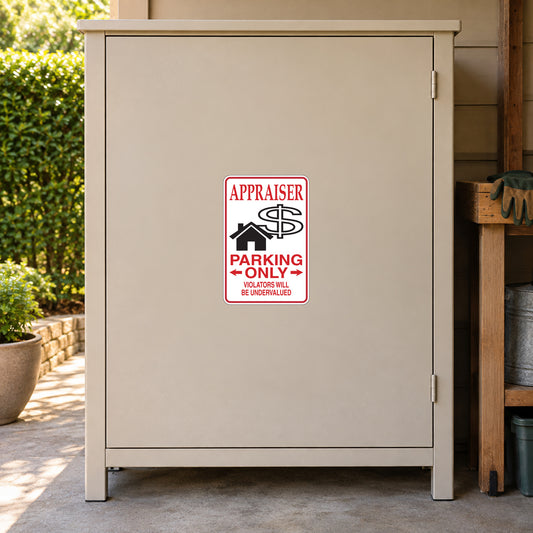 Appraiser parking only sticker with red border and bold parking text