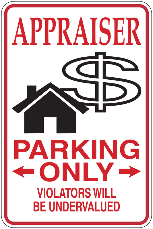 Appraiser parking only sticker with APPRAISER text, dollar and house icons, arrows