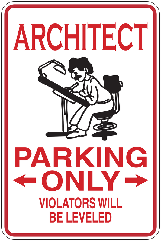 Architect parking only sticker with red text, border, and black architect holding tool graphic