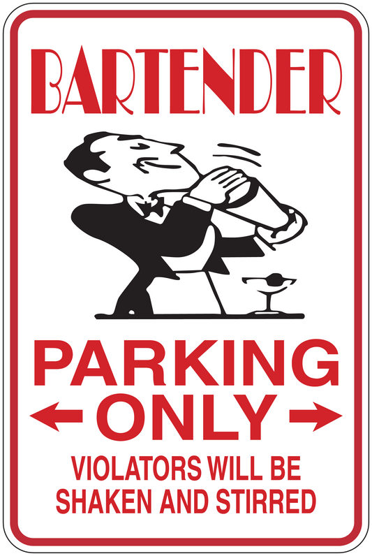 Bartender Parking Only sticker with bartender holding a drink and bold PARKING ONLY text