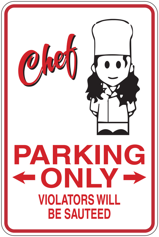 Chef parking only sticker with red border, cartoon chef, and “PARKING ONLY” text