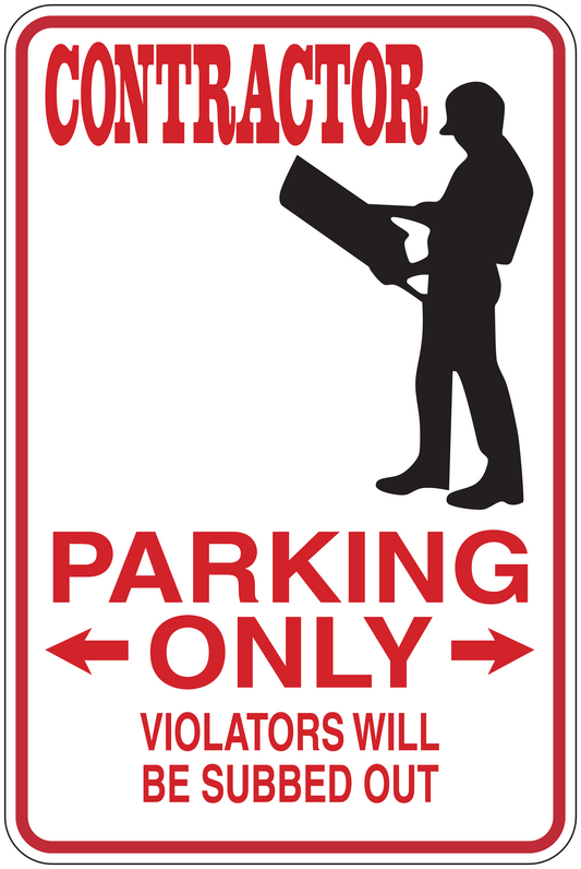 Contractor parking only sign sticker with worker silhouette and text: PARKING ONLY