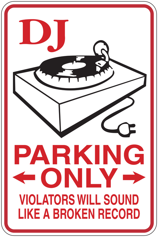 DJ parking-only sticker with turntable icon and bold 'Parking Only' text, red border