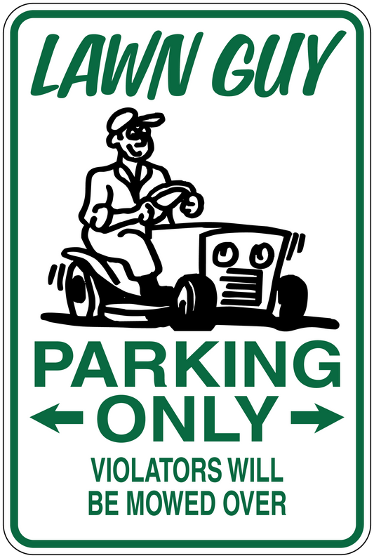Green parking only sticker with Lawn Guy logo, mower art, and ‘Violators will be mowed over’