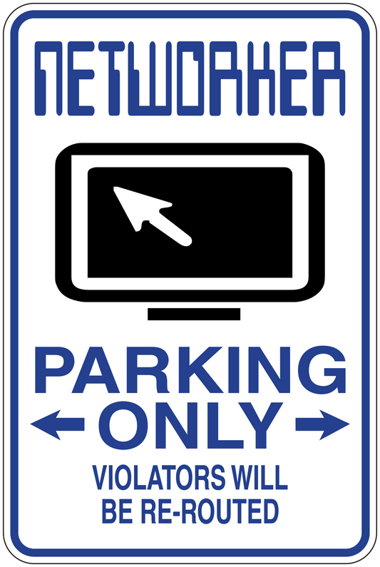 Parking only sticker with cursor icon; text: VIOLATORS WILL BE RE-ROUTED.