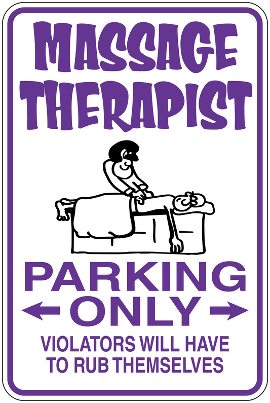 Purple massage therapist parking-only sticker with massage illustration and bold warning text