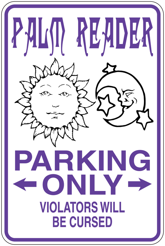 Palm reader parking only sticker with sun and moon faces, purple arrows and border