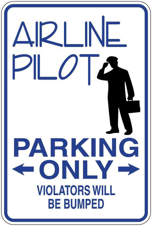 Airline pilot parking only sticker with pilot silhouette and bold blue safety text