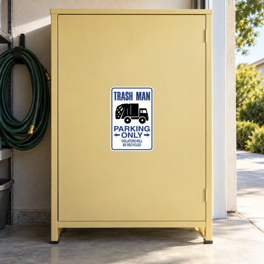 Blue and white parking-only trash man sign sticker with recycling text and truck icon