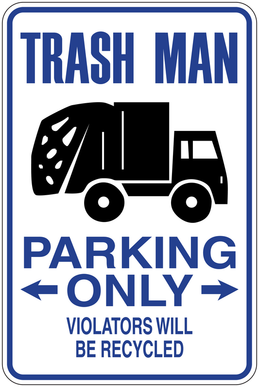 Parking only sticker with trash-truck icon, arrows, and recycling notice text