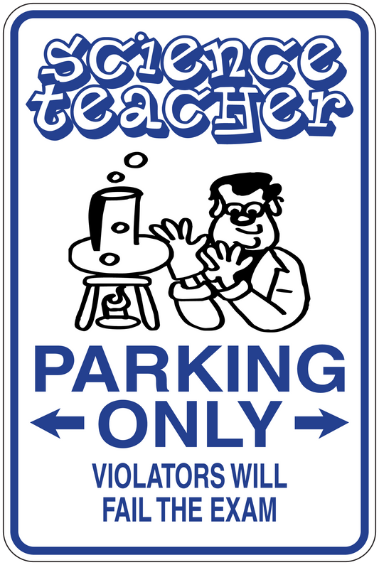 Science themed parking only sticker with beaker character and bold warning text
