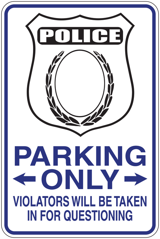 Police parking only fun sign sticker, black and white shield with blue text and arrows