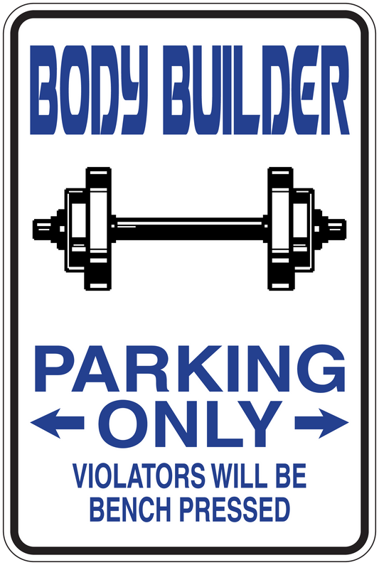 Parking only bench pressed sign sticker with blue bold text and arrow