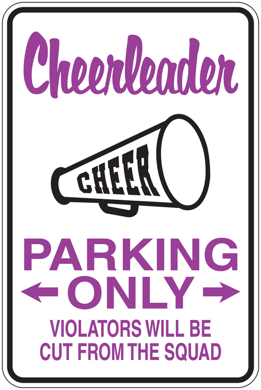 Cheerleader parking only sticker in purple with arrows, 'Violators will be cut from squad'