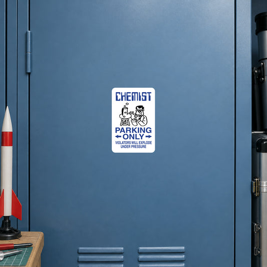 Rectangular Chemist Parking Only warning sign sticker with bold white text and icons