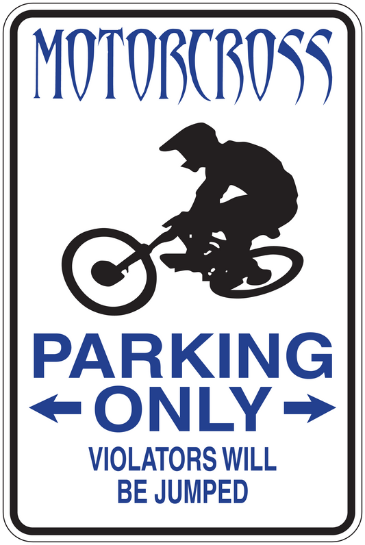 Motocross parking only sign sticker with rider silhouette, arrows, and 'Violators will be jumped'