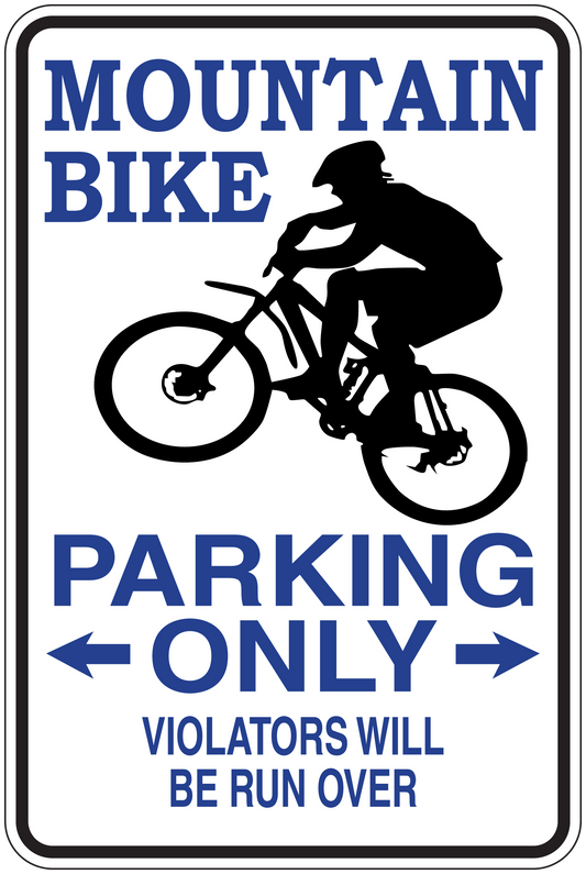 Rectangular fun sign sticker: Mountain Bike parking only text with rider silhouette
