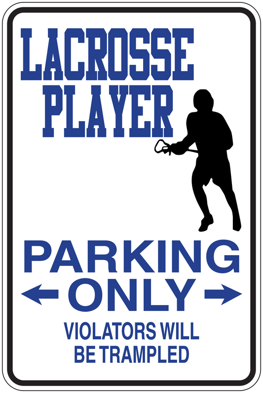 Rectangular parking only sign sticker with lacrosse player silhouette and blue text