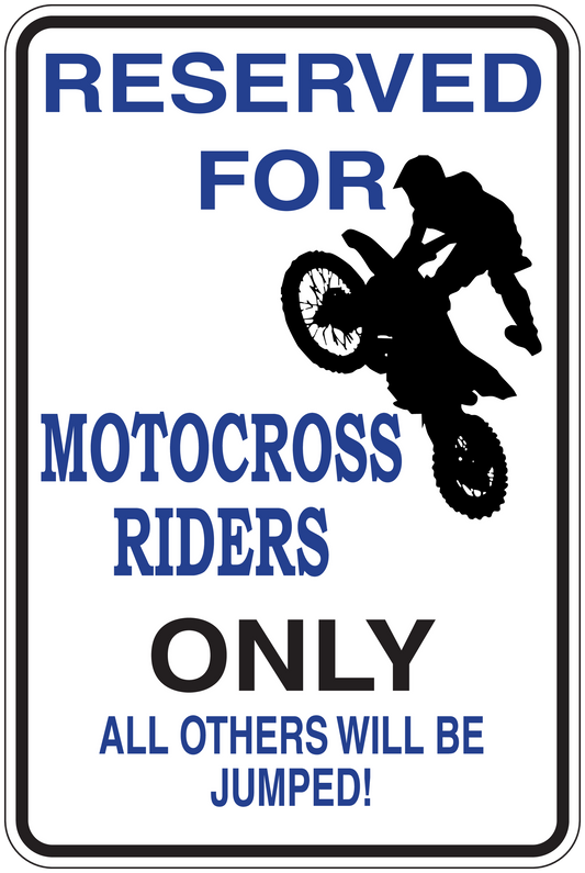 Rectangular reserved motocross rider sign sticker with rider silhouette and blue text