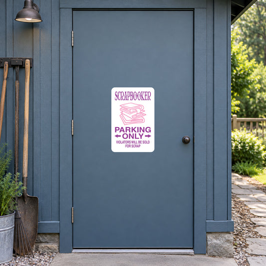 White sign sticker reading 'Parking Only' with pink icon and small text