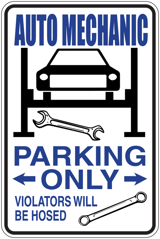 Auto mechanic parking-only sticker with car, wrenches, and 'PARKING ONLY' text.