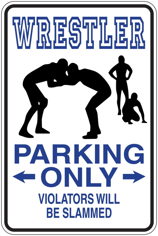 Wrestler parking-only sign sticker with wrestler silhouettes, arrows, and text