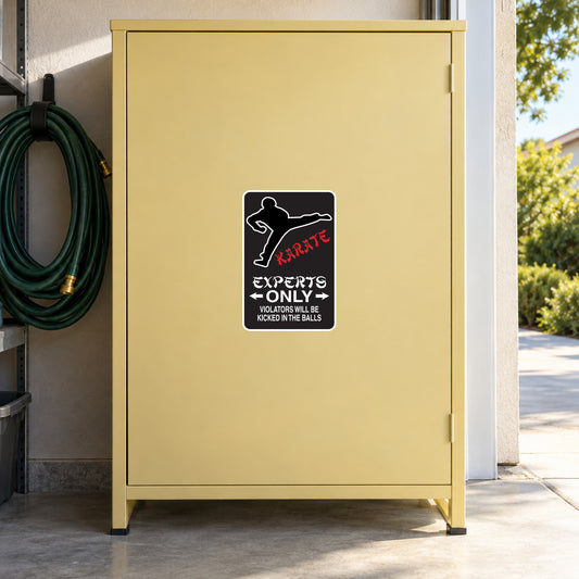 Fun Sign Sticker applied to a pale yellow private garage cabinet