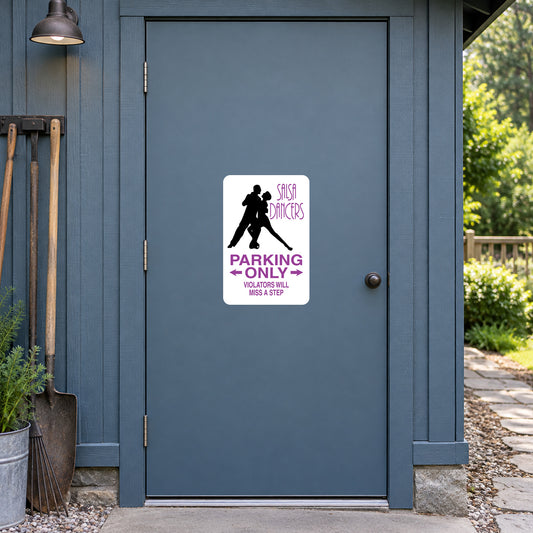 Fun Sign Sticker applied to a slate blue rural workshop door