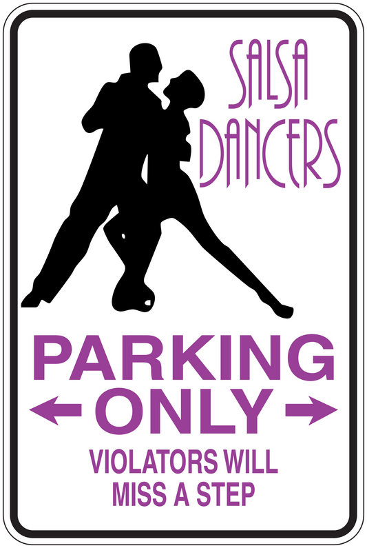 Fun sign sticker with purple dancing couple silhouette, 'PARKING ONLY' and warning text