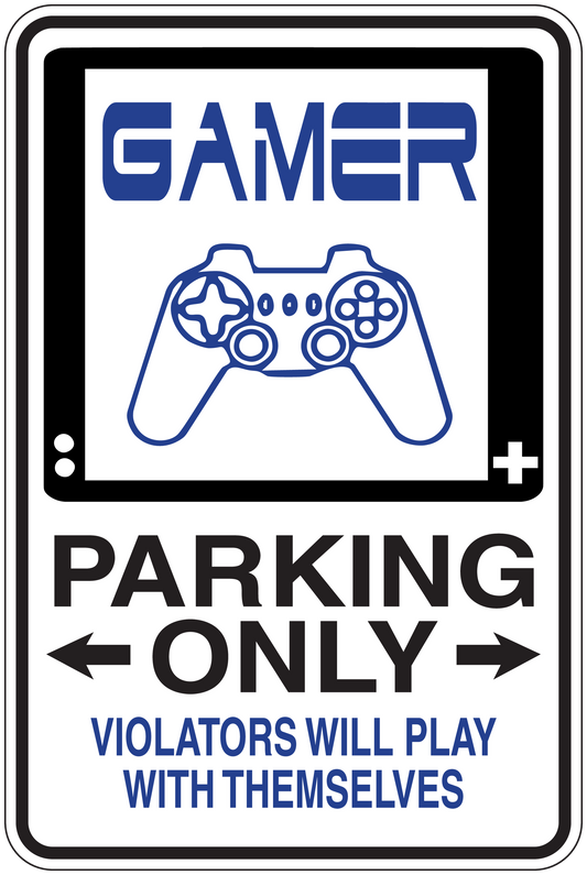Rectangular gamer parking-only sign sticker with game controller and warning text