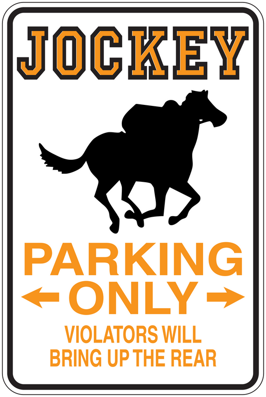 Jockey Parking Only sign sticker with horse icon and orange lettering