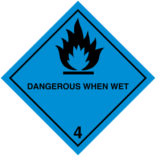 Hazard warning sign sticker: blue flame icon, text 'DANGEROUS WHEN WET', no. 4