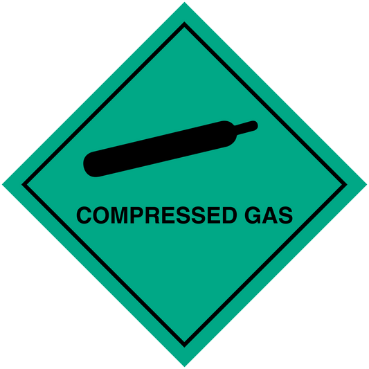 Hazardous safety sign sticker, teal 'COMPRESSED GAS' diamond with gas cylinder icon