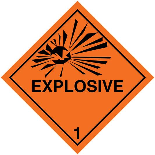 Explosive hazard sign sticker: orange diamond with black border, EXPLOSIVE text and risk 1