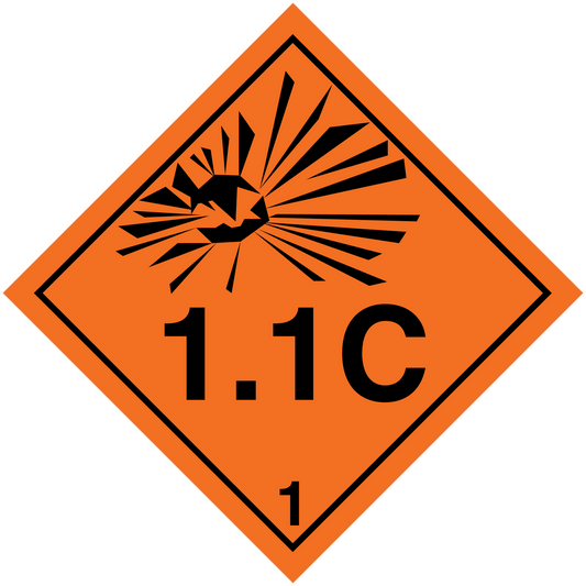 Hazardous safety sign sticker: orange radiation diamond with 1.1C text and numeral 1