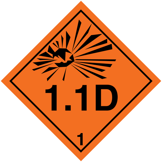 Orange hazardous radiation sign sticker, diamond shape, 1.1D text and hazard lines.