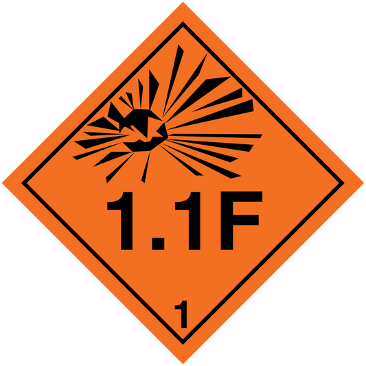 Orange diamond hazard sticker with 1.HF marking and radiation-like symbol