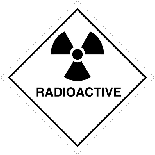 Hazardous safety sign sticker, radioactive warning diamond with radiation symbol and text