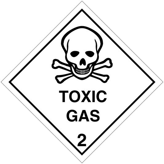 Toxic gas hazard sign sticker with skull and crossbones, warning text and hazard number 2