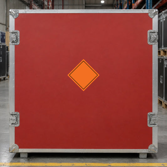 Hazard safety sign sticker with orange diamond hazard symbol on red background